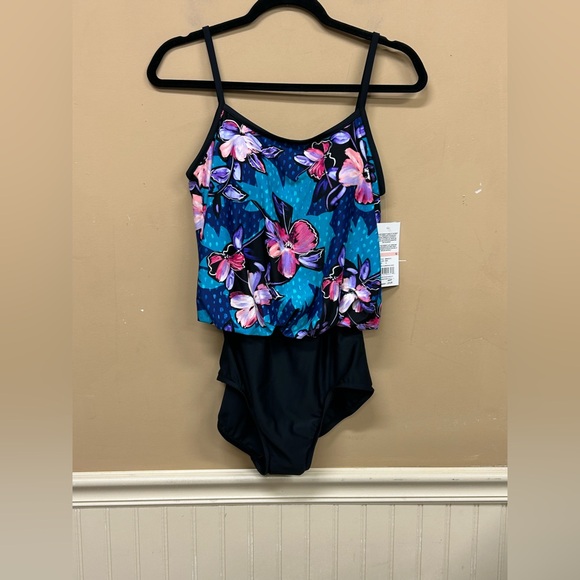 Maxine of Hollywood Swimsuit Sz 10 Faux Tankini Tummy Control Floral NWT - Picture 1 of 4
